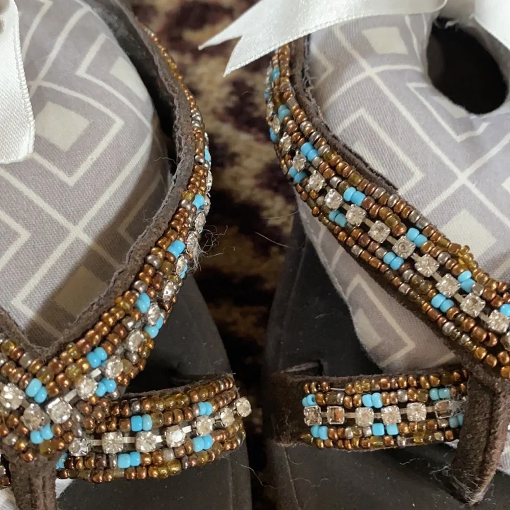 Yellow Box Brown Beaded Thong Sandals with Turquoise Accents - Picture 6 of 6